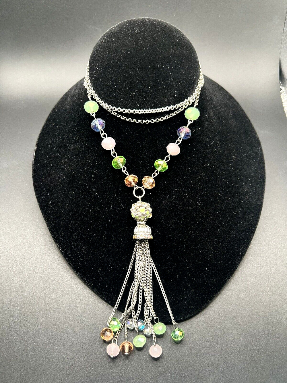 Signed NY Long Silver Crystal Beads Enamel Flowers & Rhinestone Tassel Necklace